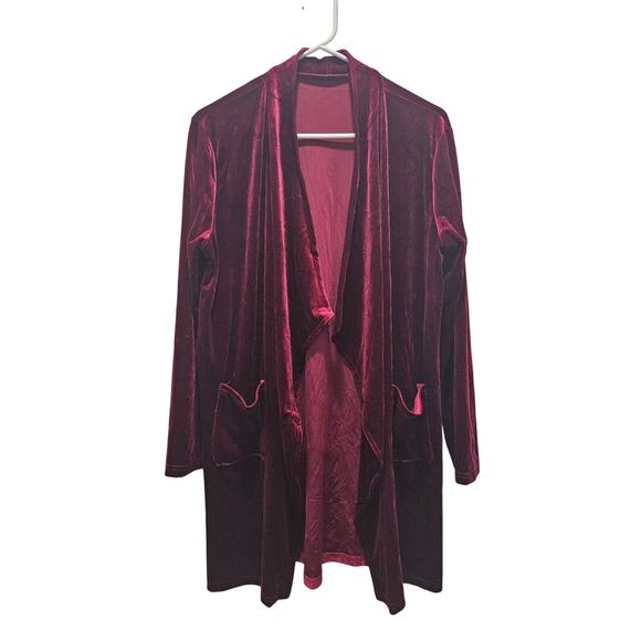 Red Burgundy Crushed Velvet Velour Long Cardigan Duster Topper Sz L Holiday - Picture 1 of 7